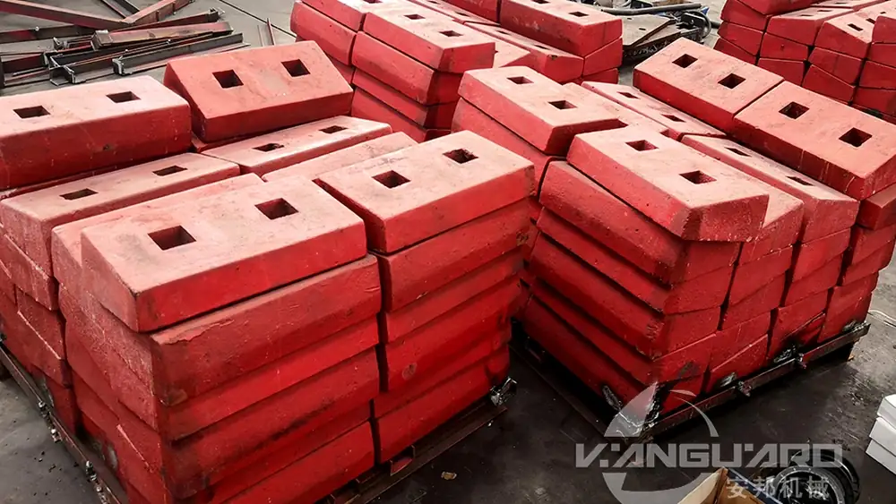 Close-up of mobile impact crusher blow bars and wear parts